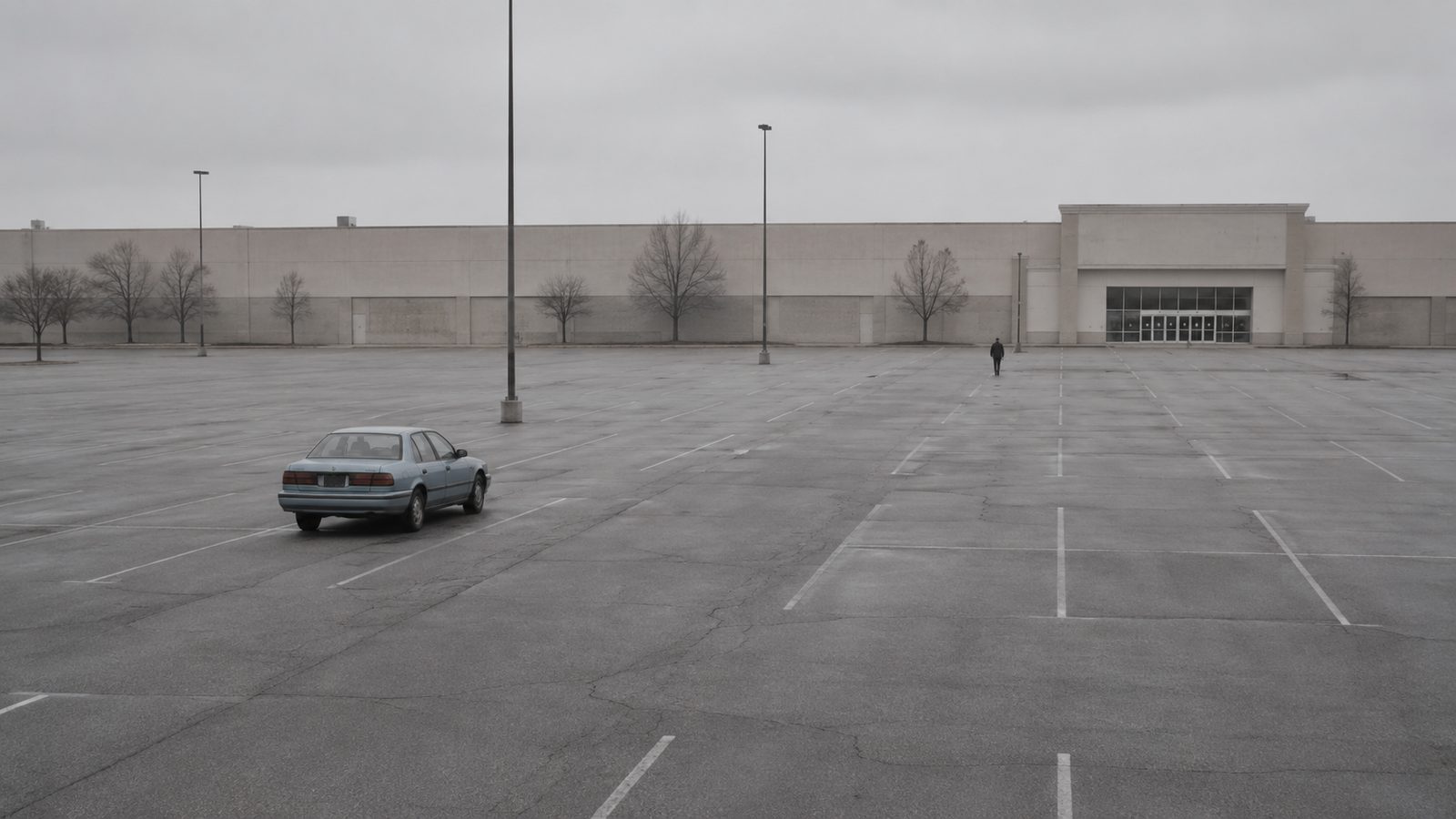 An older sedan parked at the far edge of an empty lot on an overcast morning, the store entrance visible in the distance.